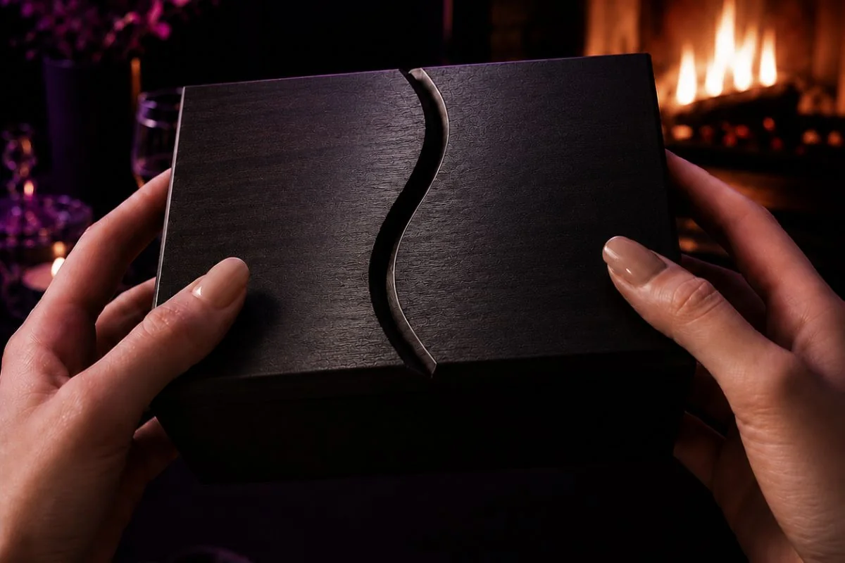Estuche de madera negra de Spicy Cards, sostenido en las manos