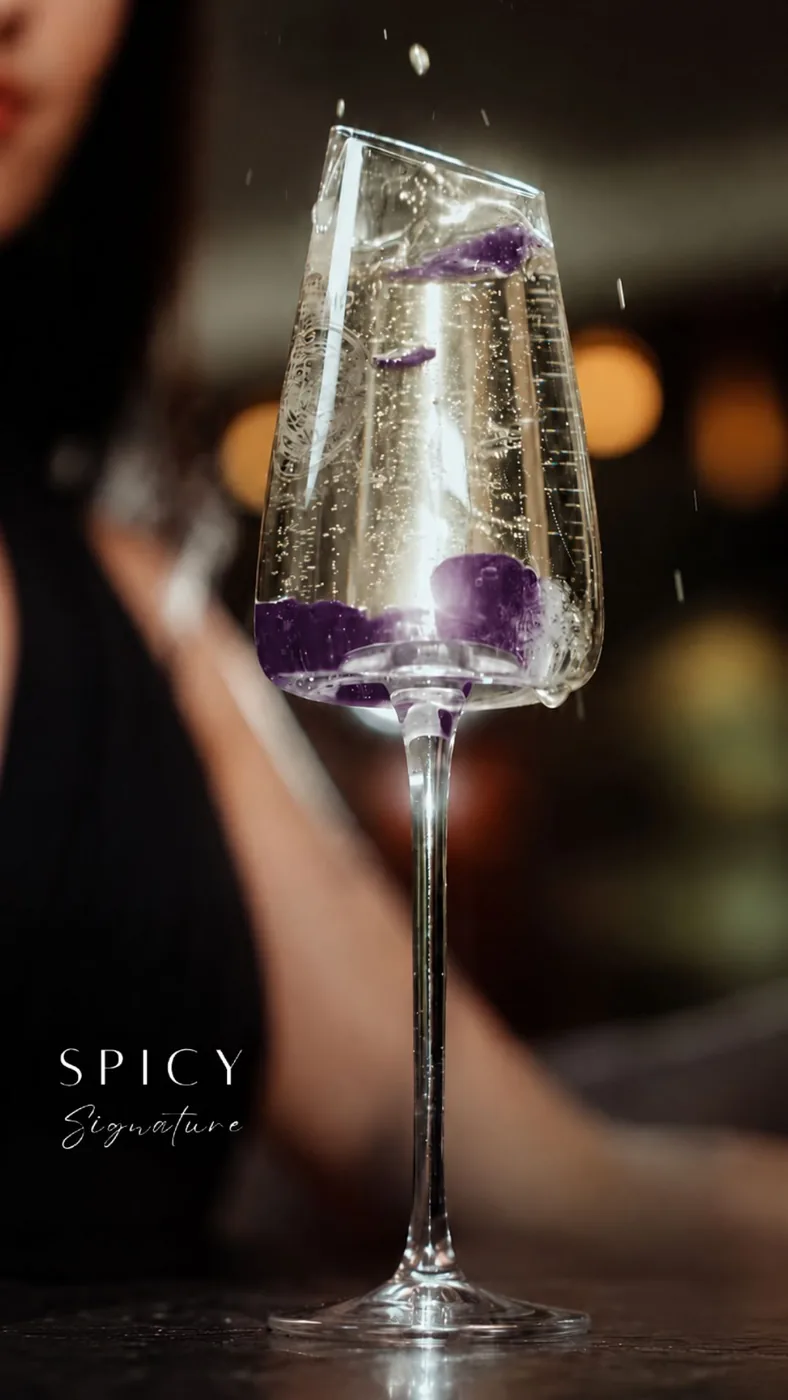 Copa de champaña servida con pétalos, detalle de una noche Spicy