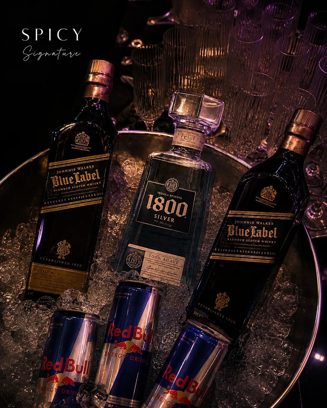 Barra montada con botellas sobre hielo para una noche Spicy