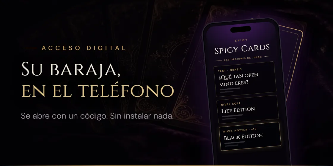 Acceso digital de Spicy Cards: su baraja, en el teléfono. Se abre con un código y no se instala nada.