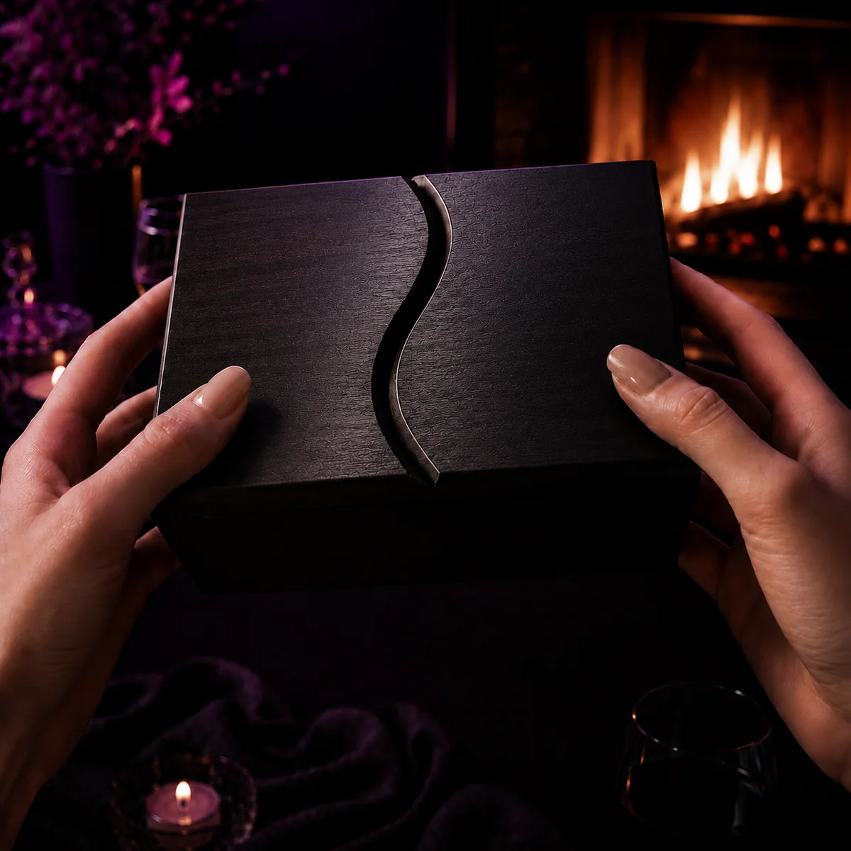 El estuche de madera negra de Spicy Cards, sostenido entre dos manos